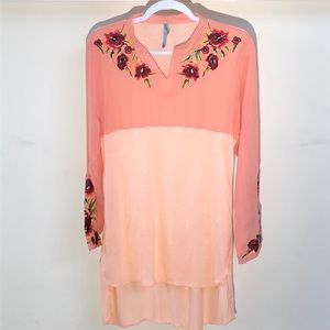 YELLOW Salmon Tunic Blouse Embroidered Flowers